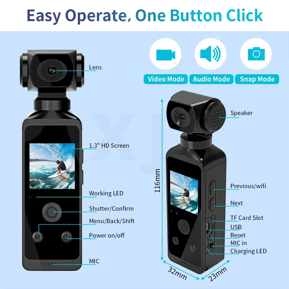 VISIONX 4K ULTRA HD POCKET ACTION CAMERA – 270° ROTATABLE VLOG CAMERA, WIFI, SPORTS CAMERA WITH WATERPROOF CASE